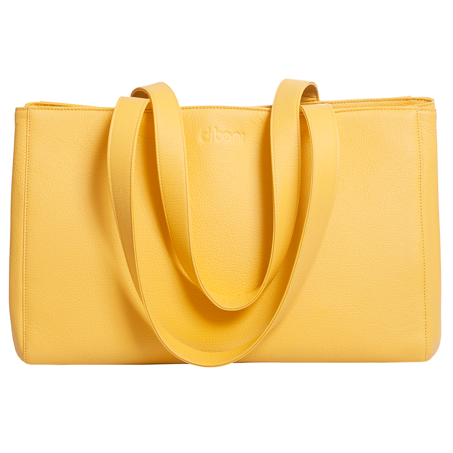 Handtasche Annabelle Deluxe von diboni in gelb wird aus italienischem Leder in Handarbeit in einer deutschen Manufaktur hergestellt.