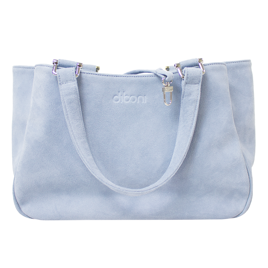 Handtasche Berta Couture von diboni in hellblau wird aus italienischem Leder in Handarbeit in einer deutschen Manufaktur hergestellt.