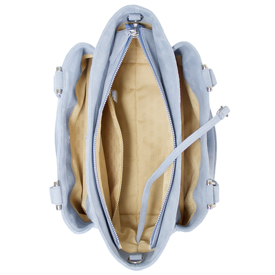 Handtasche Berta Couture von diboni in hellblau wird aus italienischem Leder in Handarbeit in einer deutschen Manufaktur hergestellt.