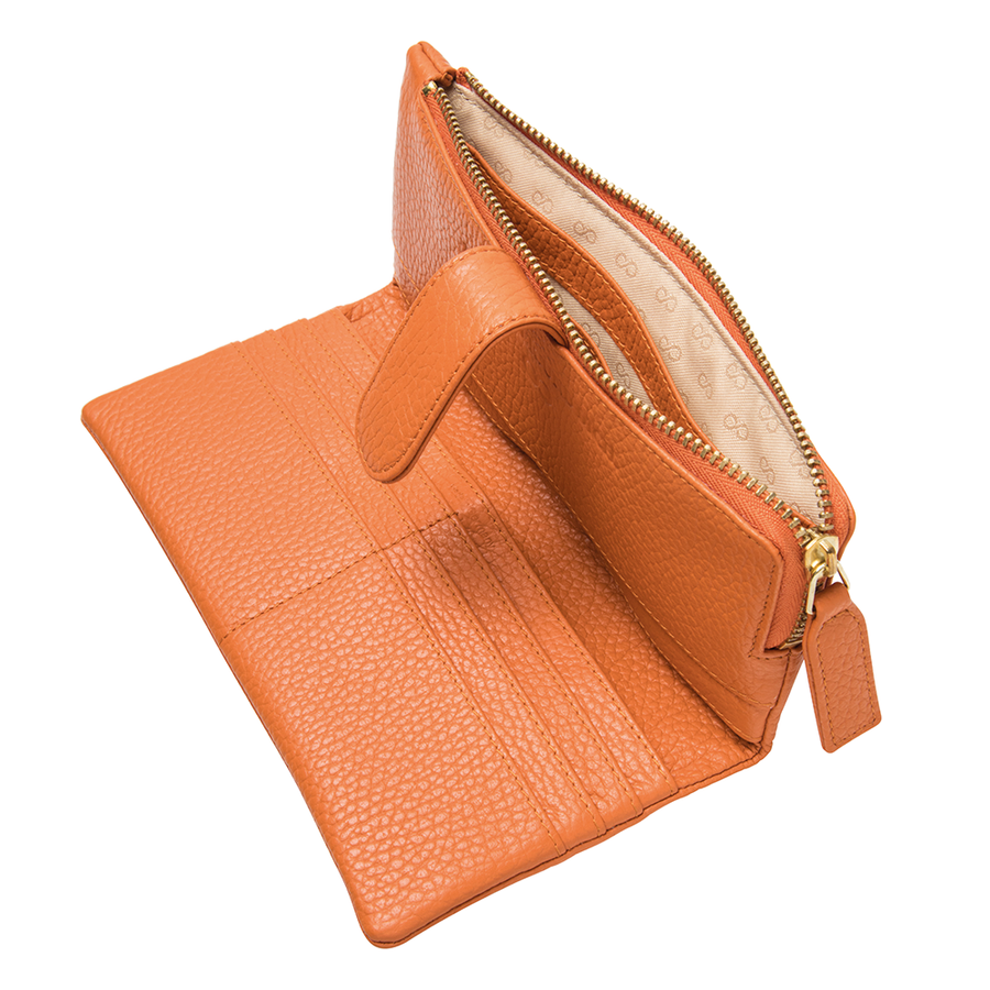 Geldbörse und Portemonnaie Claire von diboni in orange wird aus italienischem Leder in Handarbeit in einer deutschen Manufaktur hergestellt.