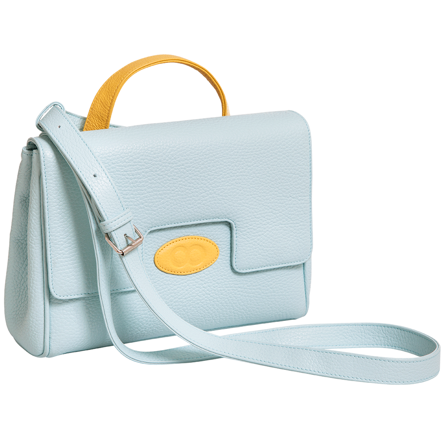 Handtasche Emilia Couture von diboni in hellblau wird aus italienischem Leder in Handarbeit in einer deutschen Manufaktur hergestellt.